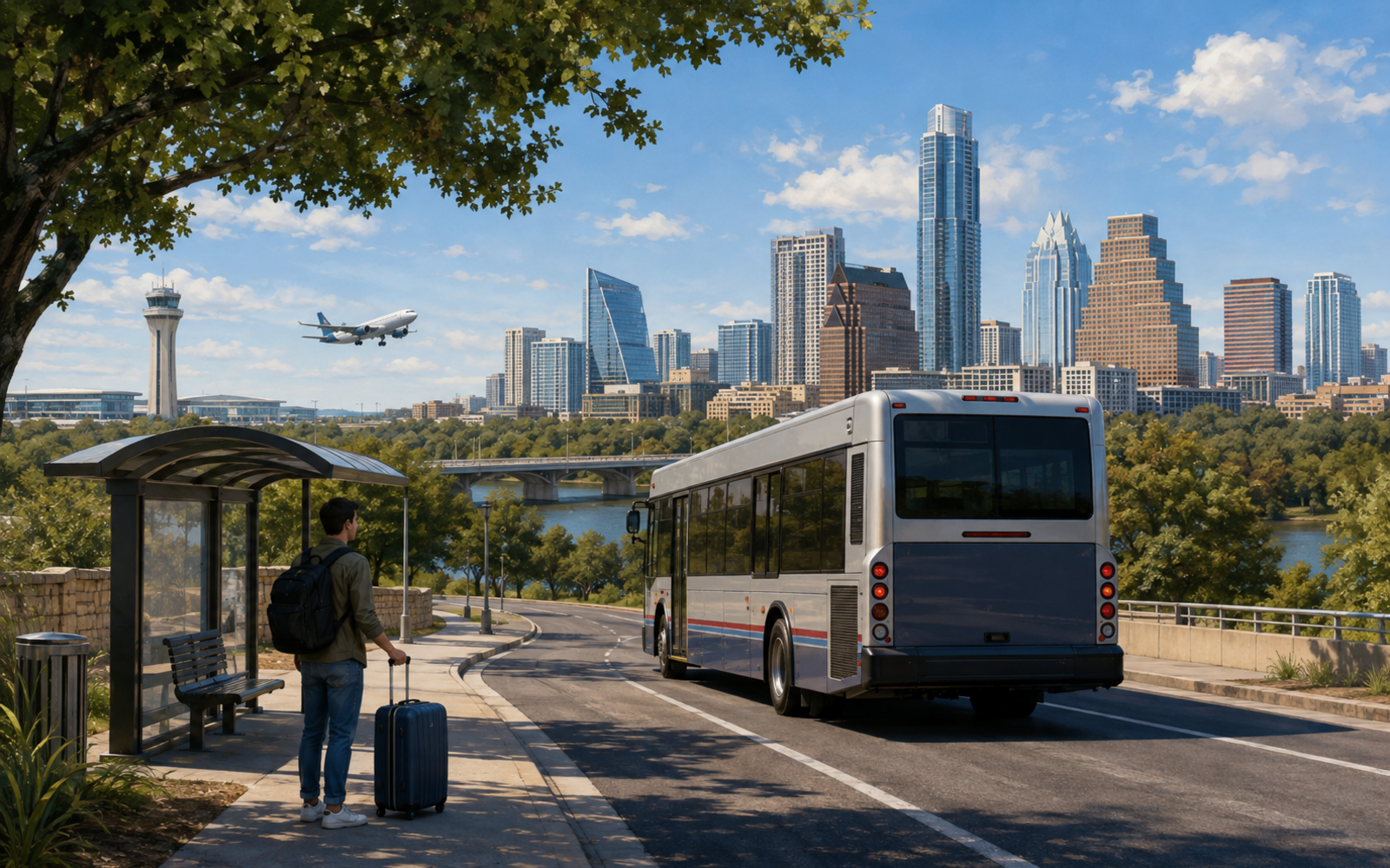 Editorial destination artwork for travel from AUS to Downtown Austin.